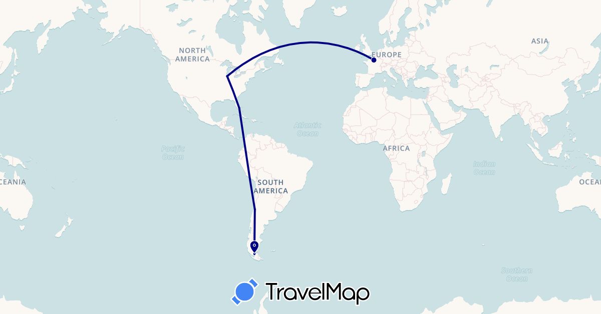 TravelMap itinerary: driving in Chile, France, United States (Europe, North America, South America)